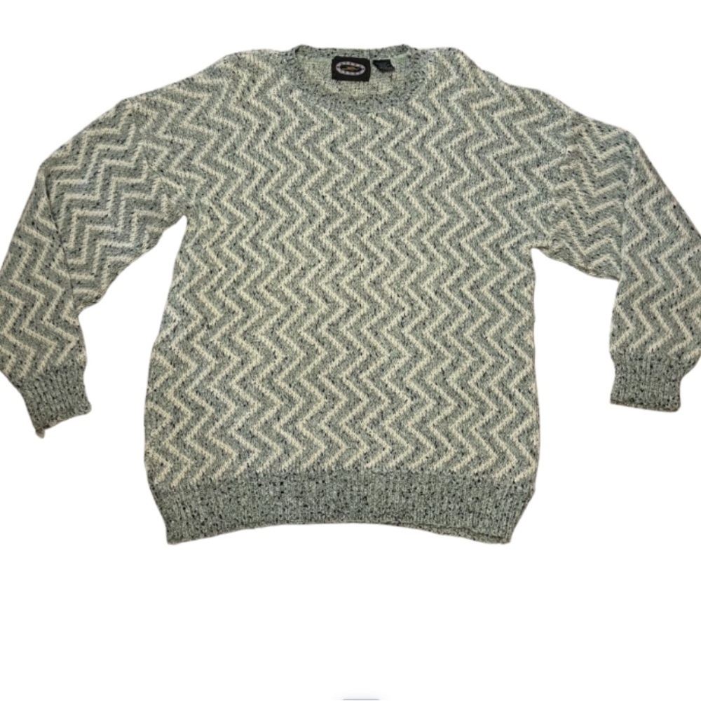 Vintage 90s Textured Knit Sweater Mens XL Grey Coogi Style Zig Zag